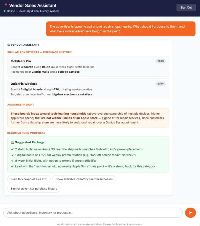 Vendor sales assistant chatbot with proposal recommendations