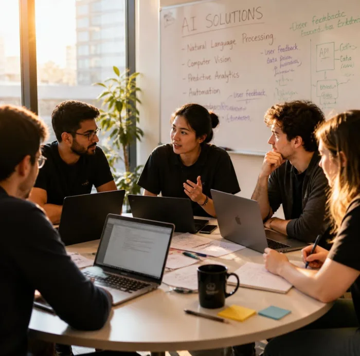 Team AI education workshop around a whiteboard