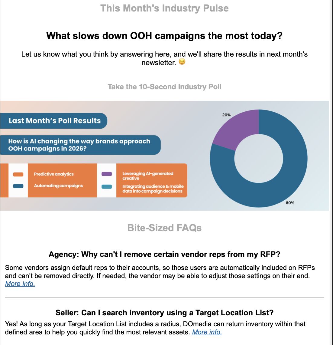 This Month’s Industry Pulse reader poll with last month’s AI poll results, plus Bite-Sized FAQs answering agency and seller questions.