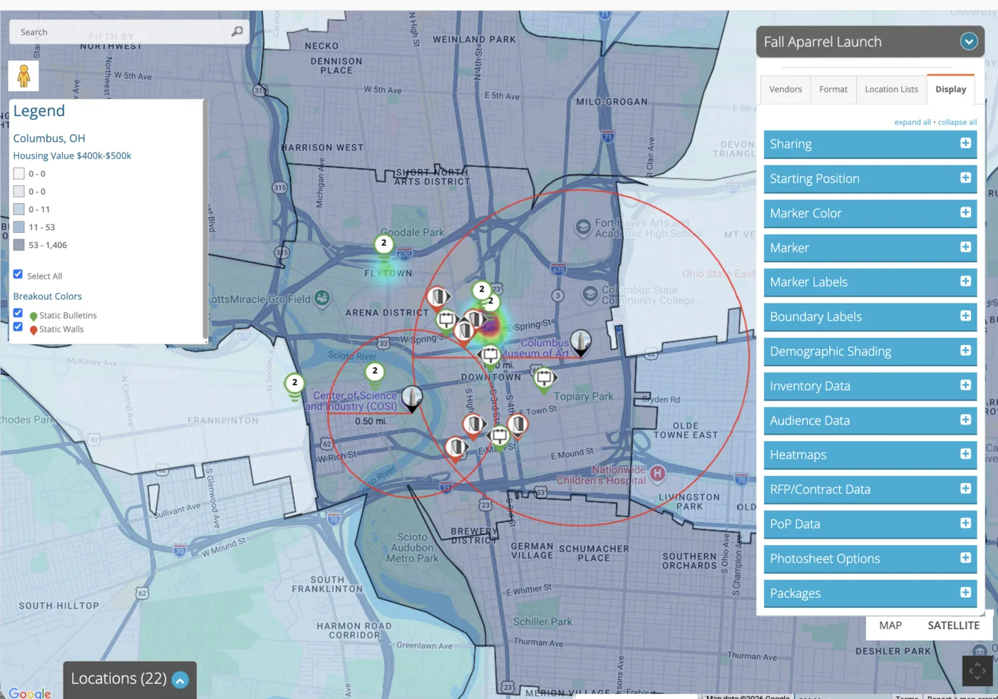 DOmedia map view with demographic shading, distance rings, and clustered asset locations